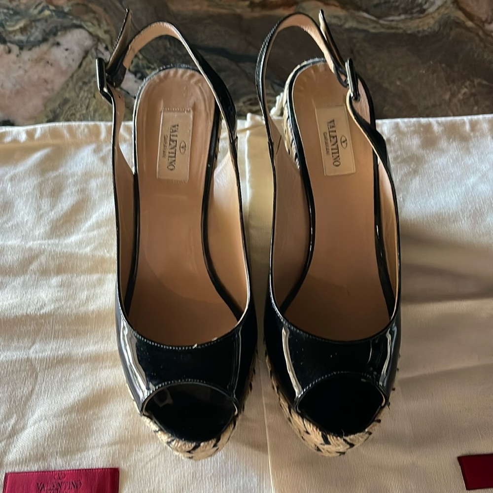 Valentino Black Patent Slingback Espadrille Wedge